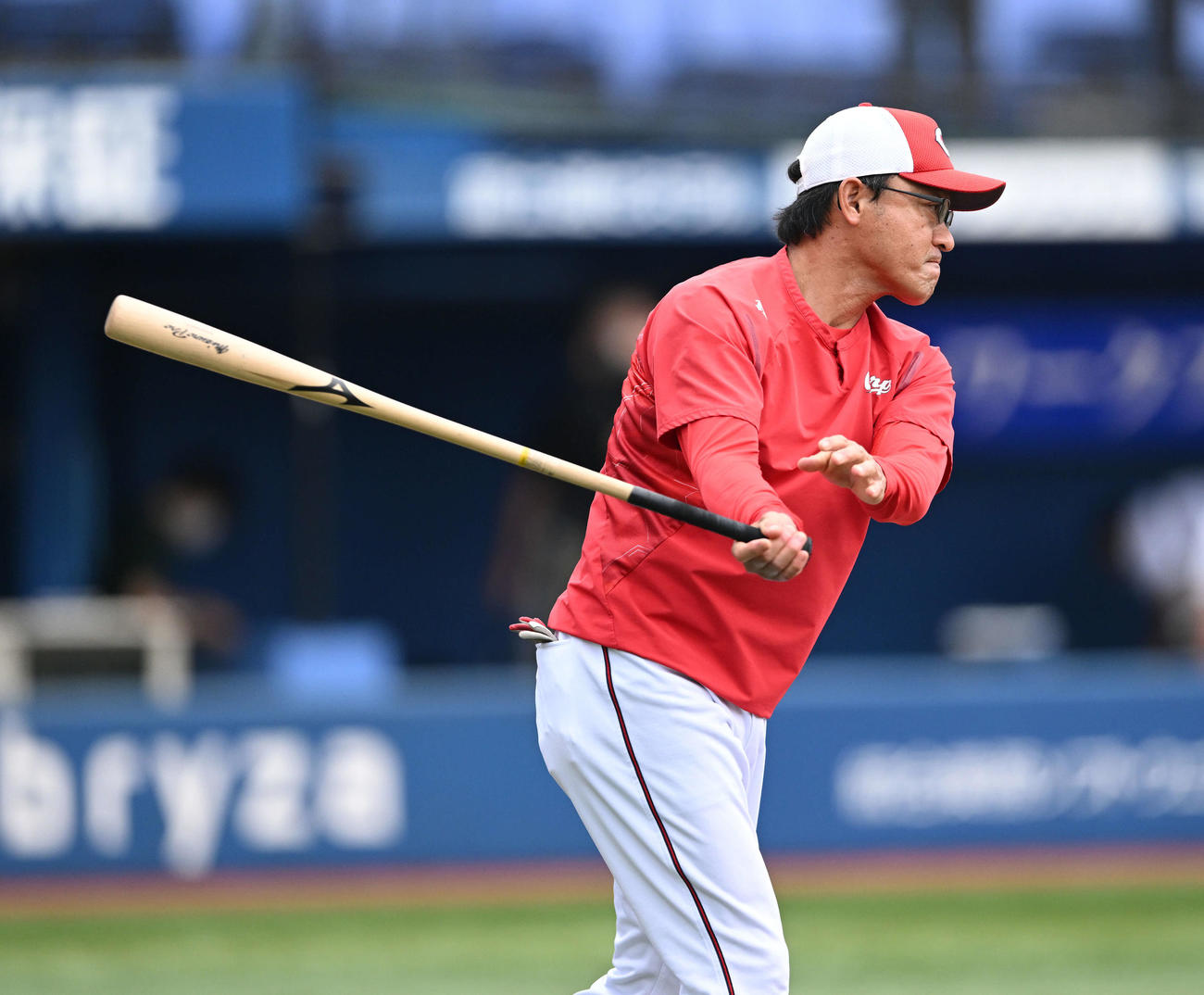 DeNA対広島　試合前練習でノッカーを務める広島河田監督代行（撮影・滝沢徹郎）