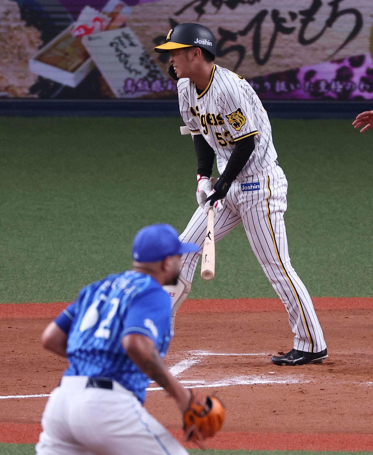 阪神対DeNA 8回裏阪神無死、島田はエスコバーから死球を受ける（撮影・上田博志）