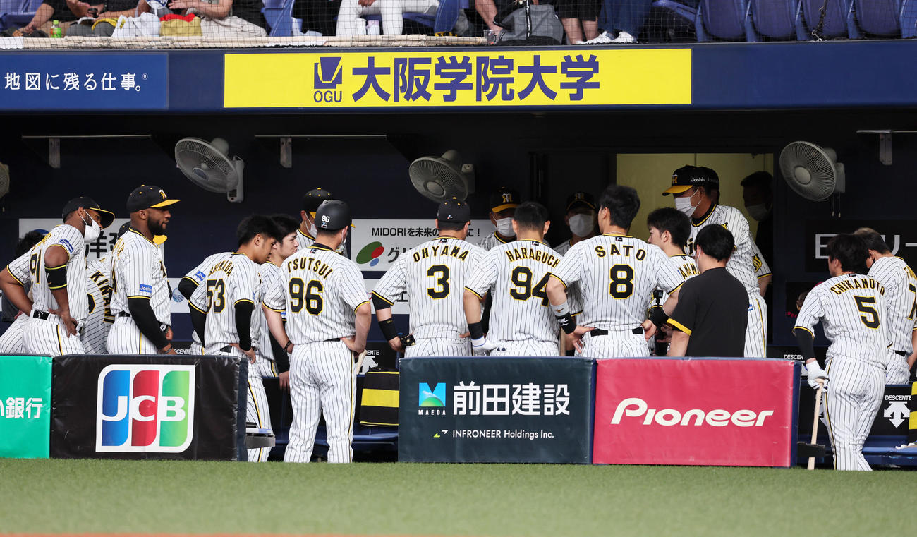 阪神対DeNA　試合前の円陣を組む阪神ナイン（撮影・加藤哉）