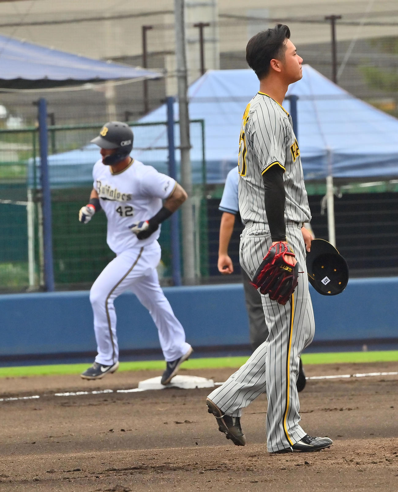 ウエスタン・リーグ　オリックス対阪神　1回裏オリックス1死一塁、ランへル・ラベロに本塁打を浴びる川原（撮影・和賀正仁）