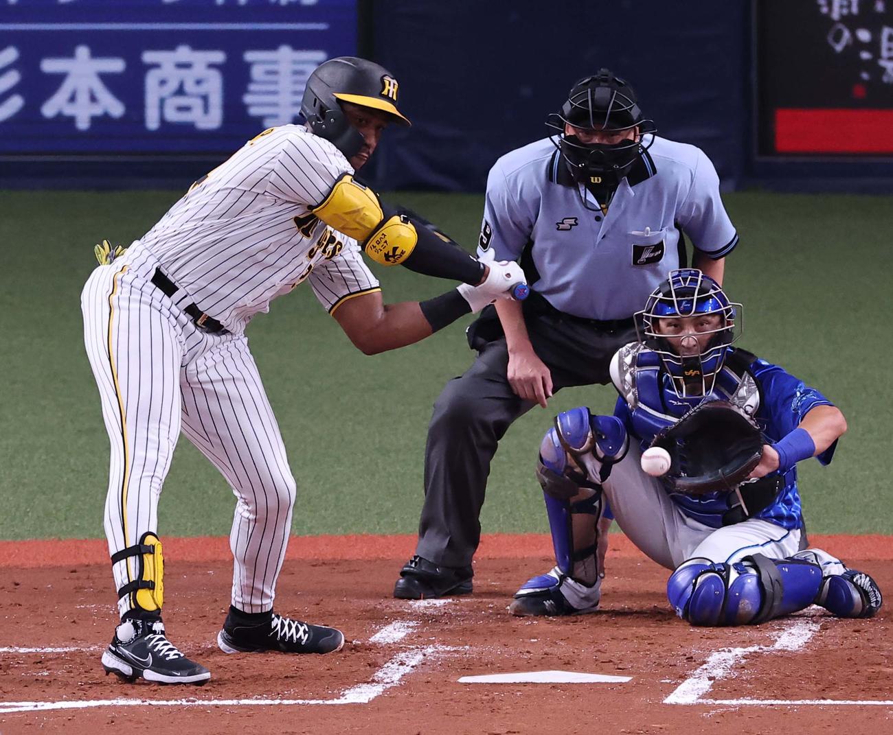 阪神対DeNA 1回裏阪神2死満塁、ロハス・ジュニアは押し出し四球を選ぶ（撮影・上田博志）