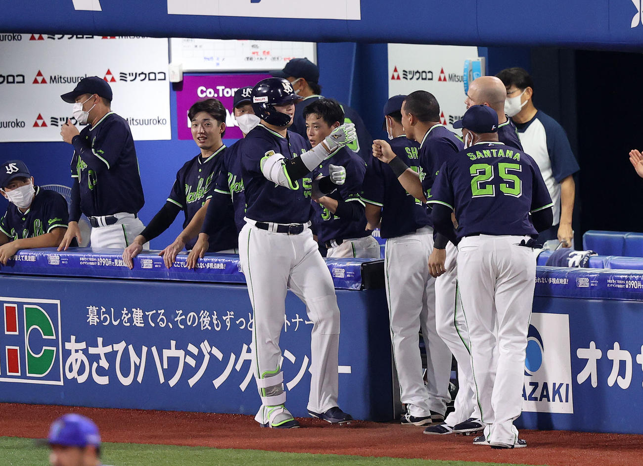 DeNA対ヤクルト　7回表ヤクルト2死、村上（中央）は右越えソロ本塁打を放ちベンチ前でタッチ（撮影・鈴木正人）