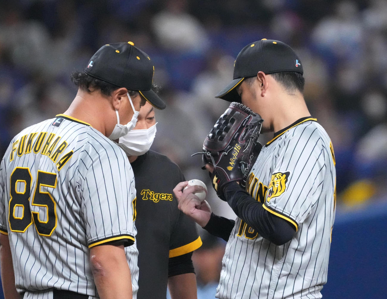 4回裏中日攻撃開始前、投球練習をやめて右手の指を見つめる西輝（撮影・森本幸一）