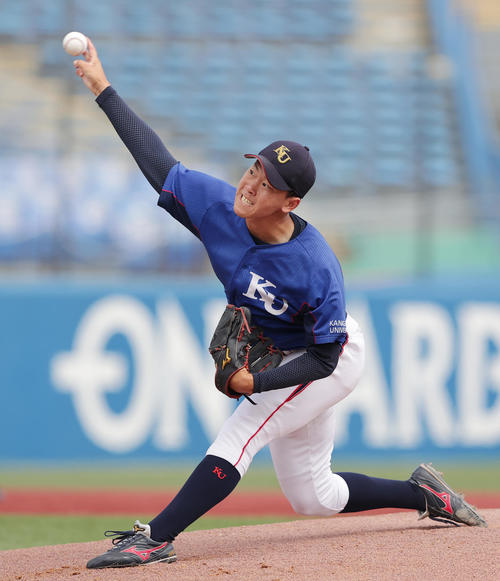 6月7日の流通経大対神奈川大 力投する神奈川大先発の神野(撮影・野上伸悟)