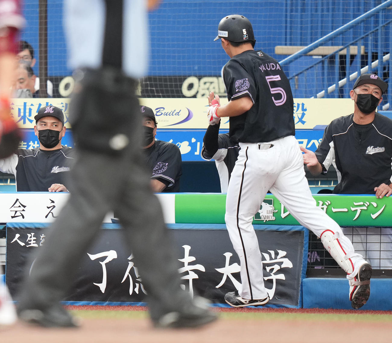 ロッテ対楽天　5回裏ロッテ1死二塁、右越え2点本塁打を放った安田（右手前）を迎える井口監督（左）（撮影・鈴木みどり）