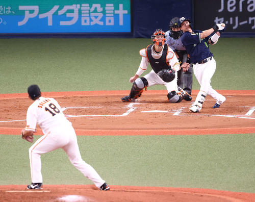 巨人対ヤクルト 3回表ヤクルト2死二塁、左越え先制2点本塁打を放つ山田。投手菅野(撮影・河田真司)