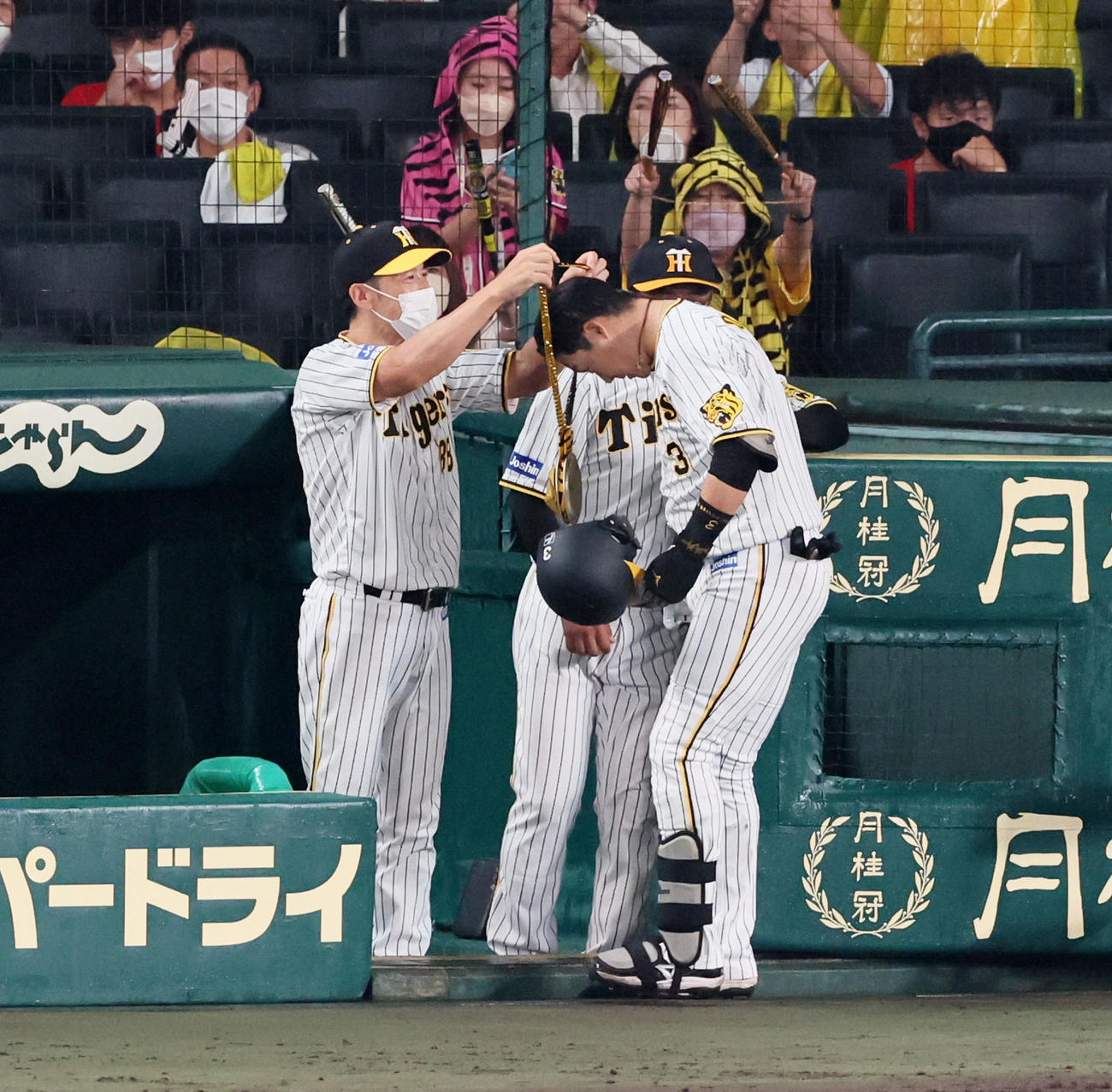 阪神対広島　8回裏阪神2死、左越えソロ本塁打を放った大山（右）にメダルをかける矢野監督（撮影・加藤哉）