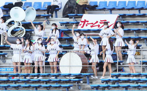 侍ジャパンのユニホーム姿で応援する大学日本代表側応援席のチア（撮影・足立雅史）