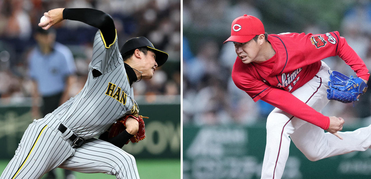 阪神才木浩人（左）と広島野村祐輔
