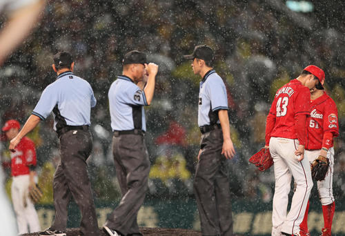 阪神対広島　6回途中、雨で中断する（撮影・上山淳一）