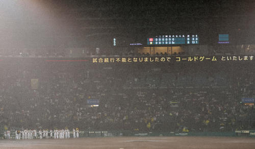 阪神対広島　6回裏阪神1死一塁、打者ロハスのとき雨が強くなりコールド勝ちした阪神ナイン（撮影・加藤哉）