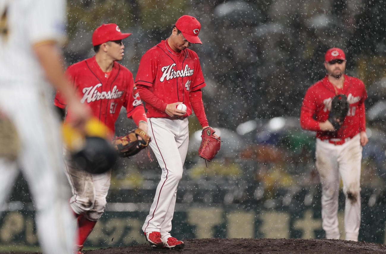 阪神対広島　6回裏、雨が強まり試合が中断し、ベンチへ引き揚げる広島島内ら（撮影・前田充）