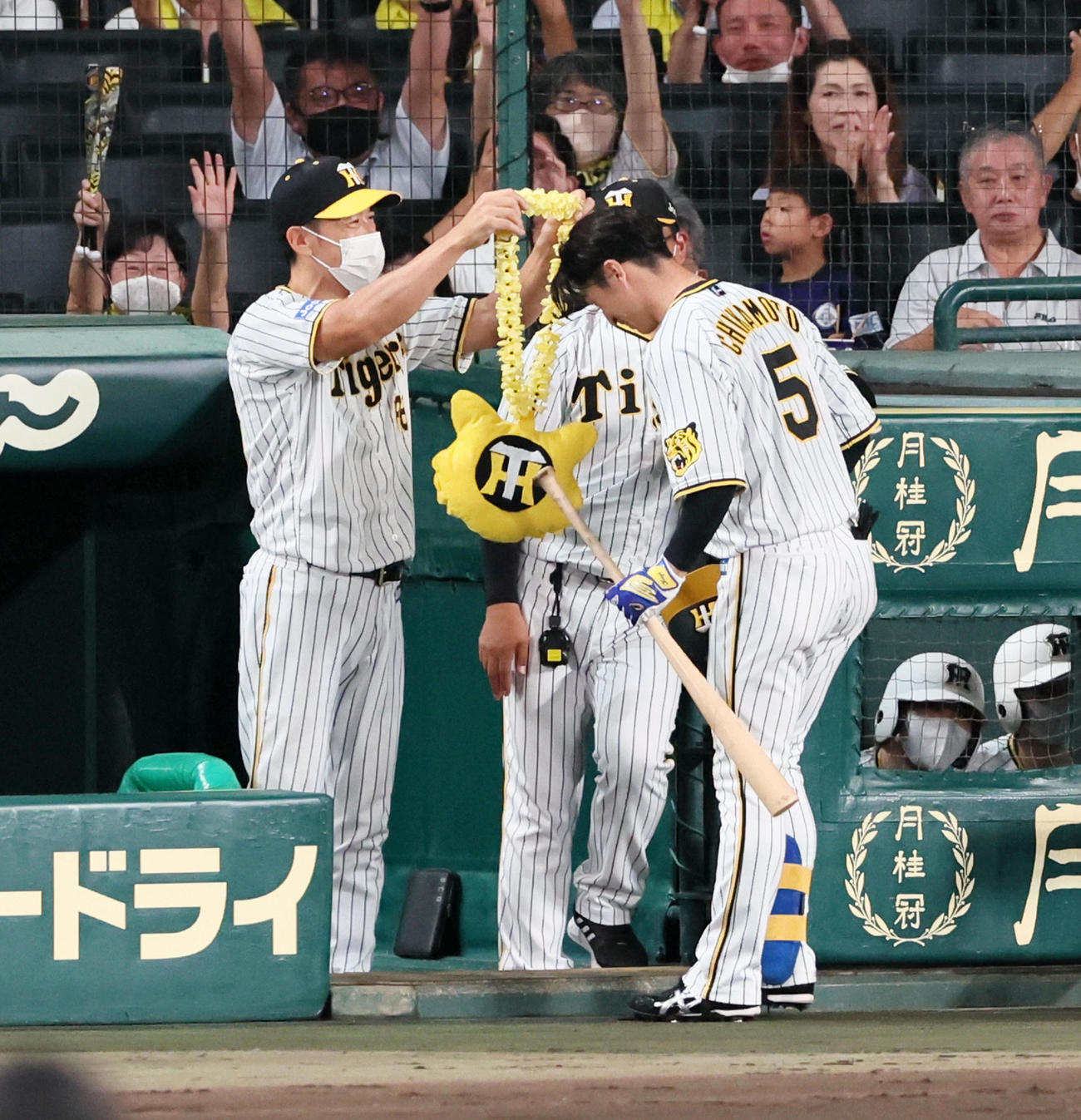 阪神対広島　5回裏阪神1死、近本の右越えソロ本塁打でメダルをかける矢野監督（撮影・加藤哉）