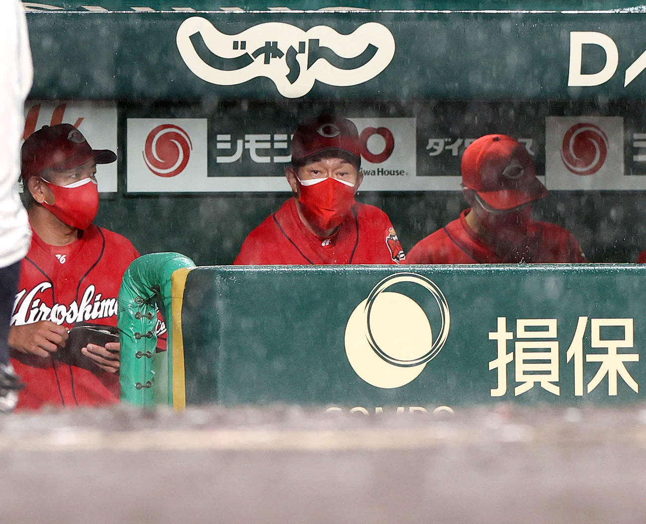 阪神対広島　6回途中で大雨に見舞われベンチからグラウンドを見つめる広島佐々岡監督（中央）（撮影・上山淳一）
