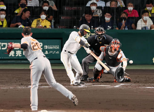 阪神対巨人　8回裏阪神無死、中野は左前打を放つ。投手は戸郷（撮影・加藤哉）