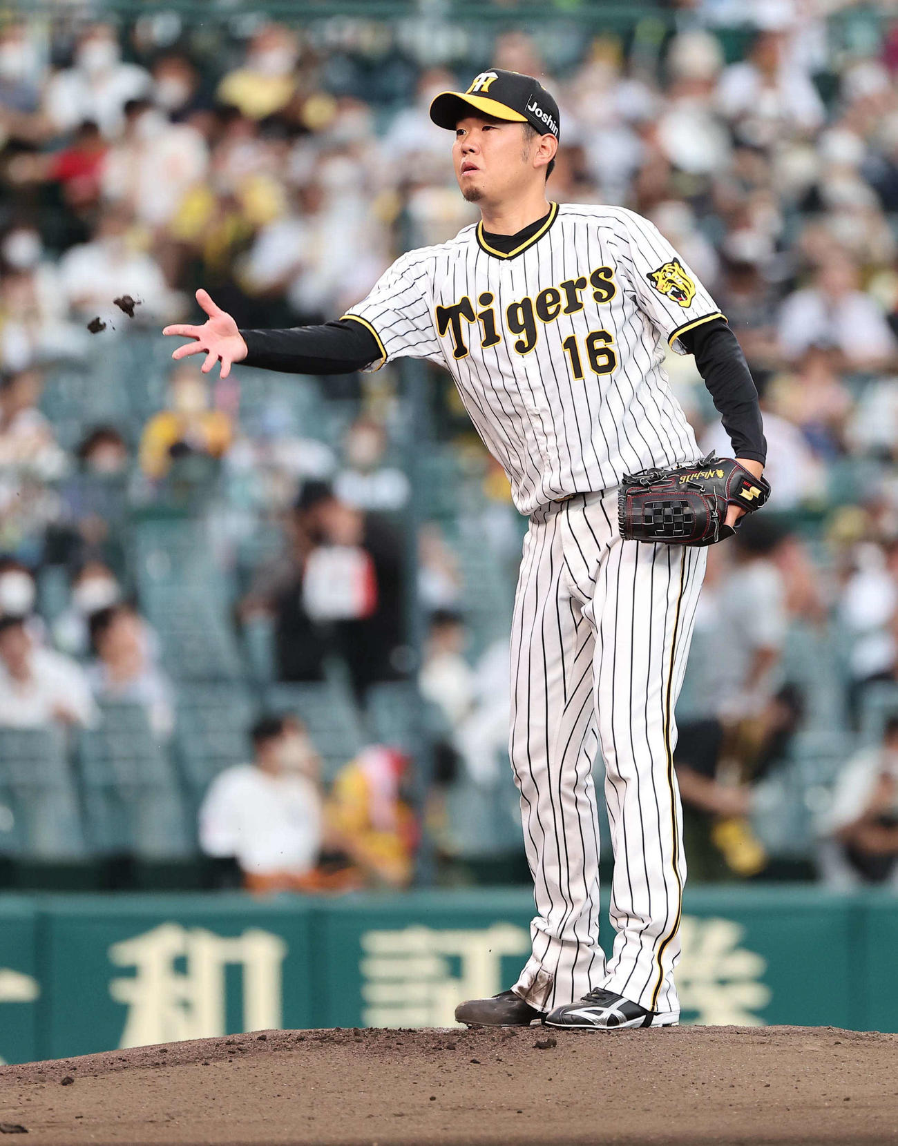 阪神対巨人　マウンドで固まった土を投げる西勇（撮影・上田博志）
