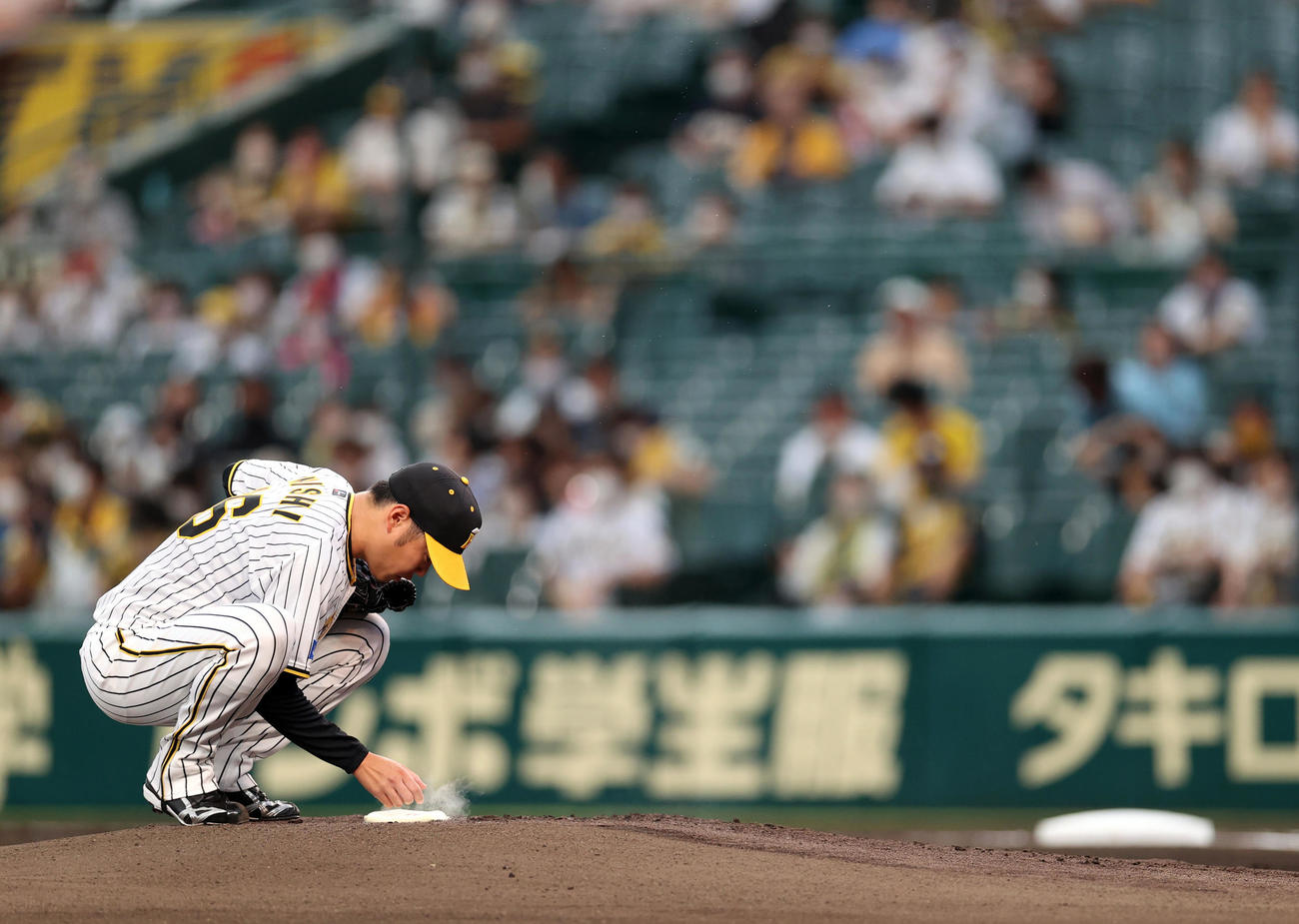 阪神対巨人　試合前、マウンドで集中する阪神先発の西勇（撮影・狩俣裕三）