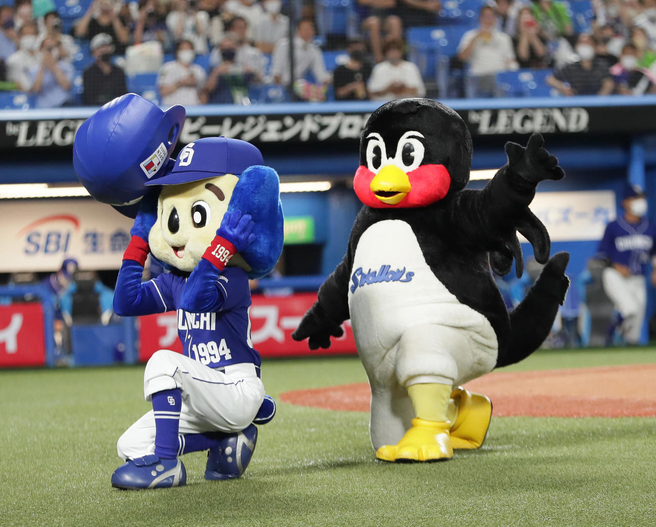 ヤクルト対中日　空中くるりんぱに挑むつば九郎（右）とドアラ（撮影・足立雅史）