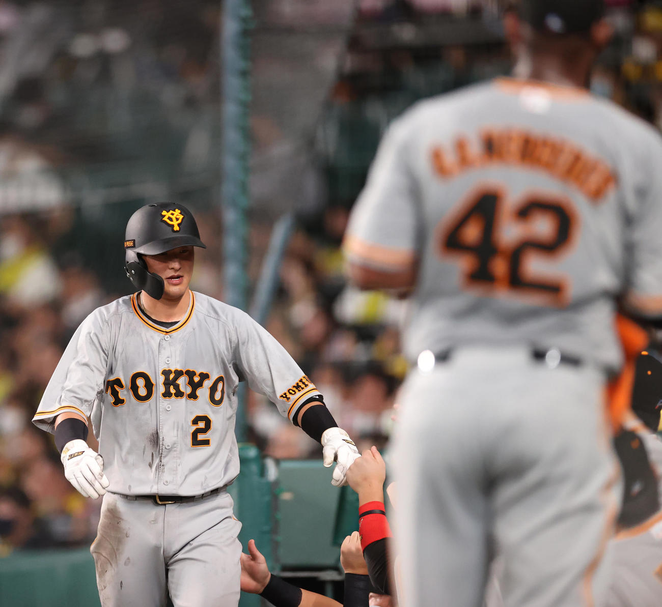 阪神対巨人　3回表巨人2死二塁、坂本の先制適時打で生還し、チームメートに迎えられる吉川。手前はメルセデス（撮影・狩俣裕三）