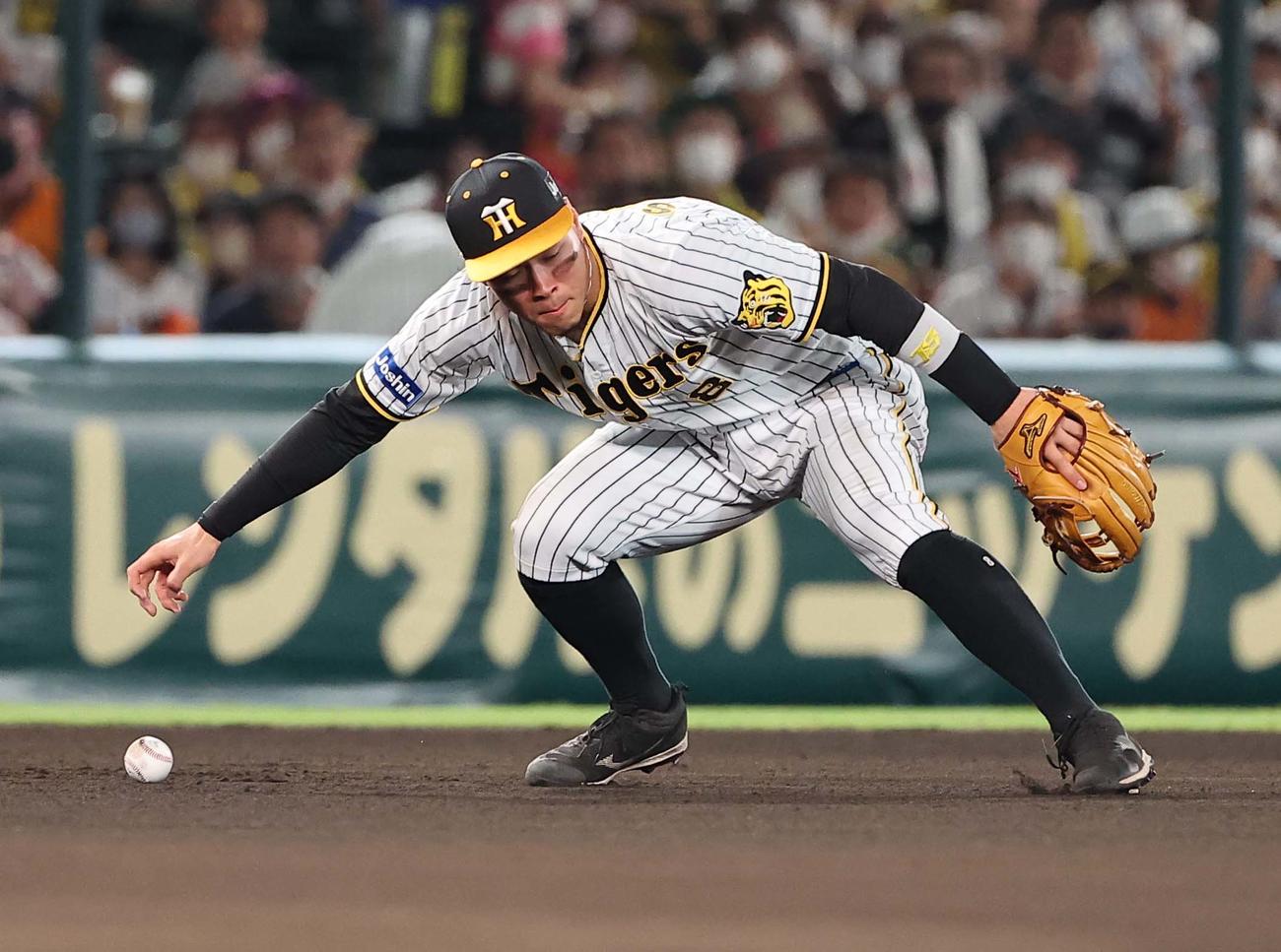 阪神対巨人　6回表巨人無死一塁、中田の三塁への打球をつかみ損ねる佐藤輝（撮影・上田博志）
