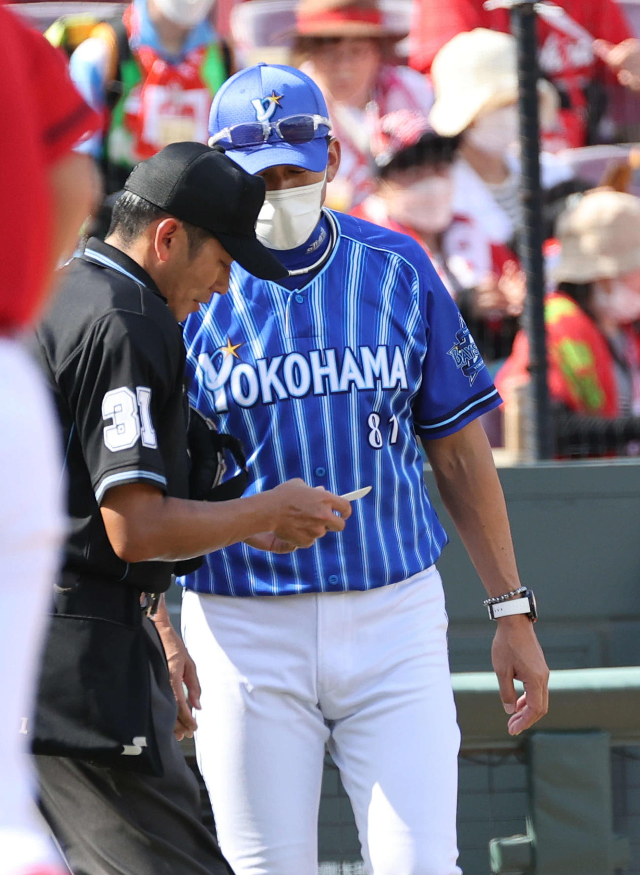 広島対DeNA 5回裏広島、交代を告げる三浦監督（撮影・加藤孝規）