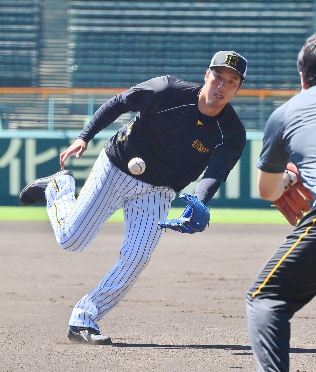 軽快な動きで投内連携を行う阪神青柳（撮影・和賀正仁）