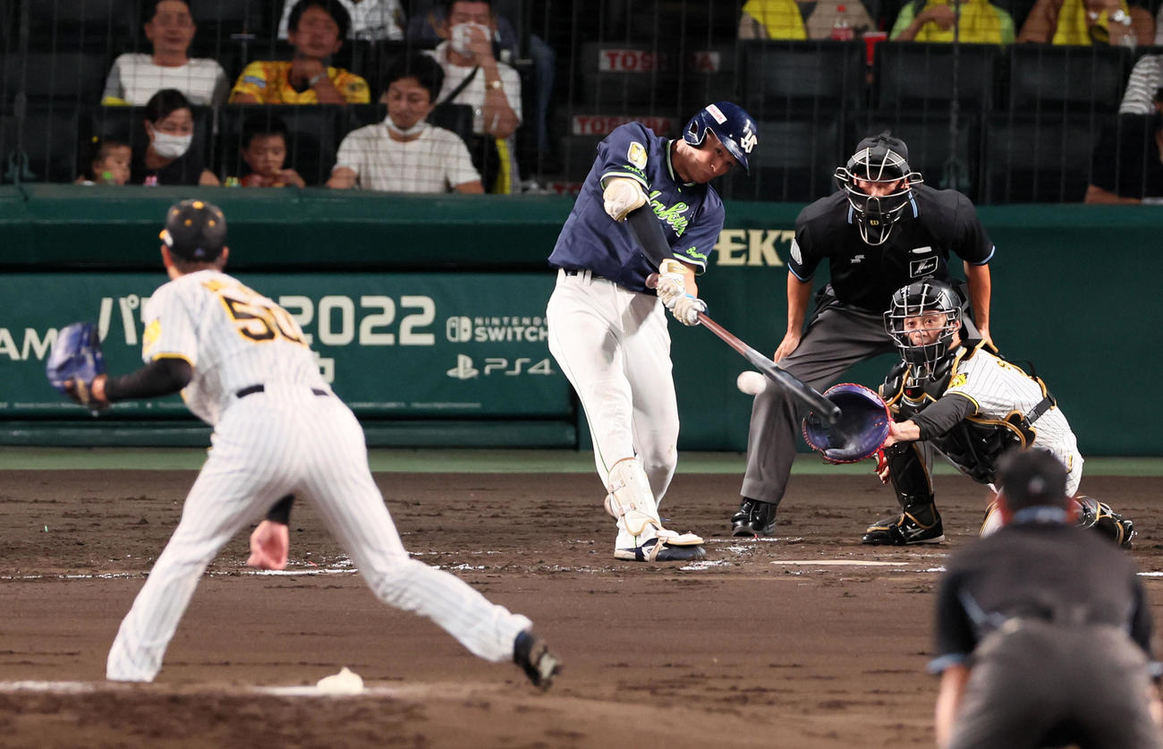 阪神対ヤクルト　4回表ヤクルト1死一塁、宮本は右前打を放つ。投手は青柳（撮影・加藤哉）