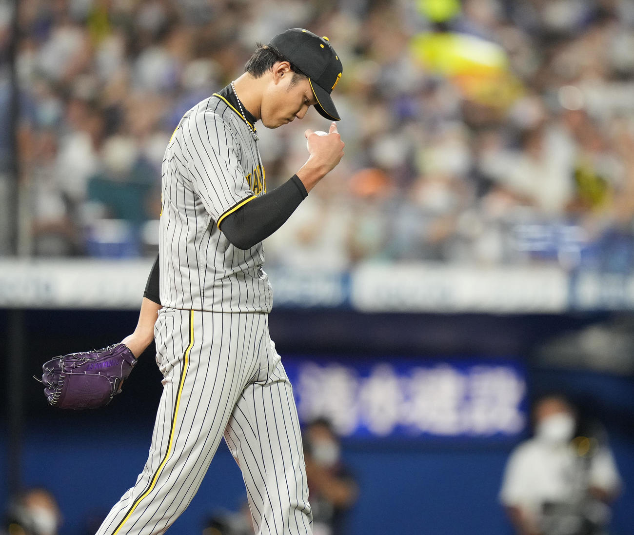 DeNA対阪神　5回裏DeNA1死二、三塁、代打オースティンの時、暴投で三塁走者楠本の生還を許した藤浪は浮かない表情（撮影・鈴木みどり）