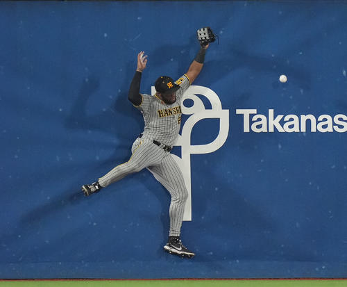 DeNA対阪神　7回裏DeNA2死一塁、楠本の打球にジャンプするも捕れず、左適時二塁打を許す左翼手ロハス（撮影・鈴木みどり）