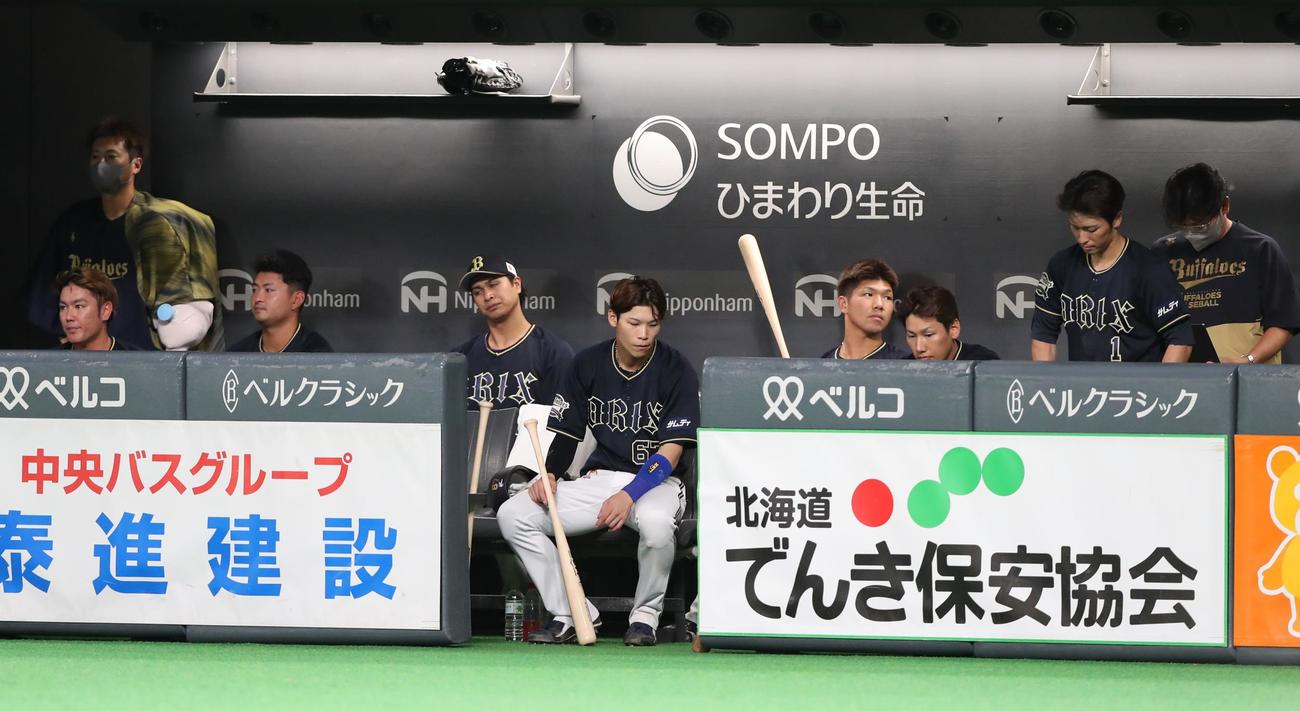 日本ハム対オリックス　ベンチで渋い表情のオリックスナイン（撮影・黒川智章）