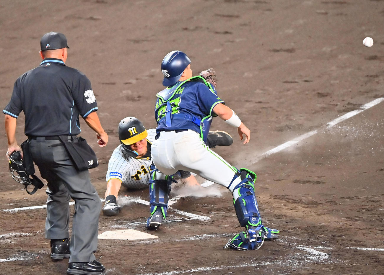 阪神対ヤクルト　4回裏阪神1死一、三塁、坂本の投前スクイズで生還する佐藤輝（撮影・和賀正仁）