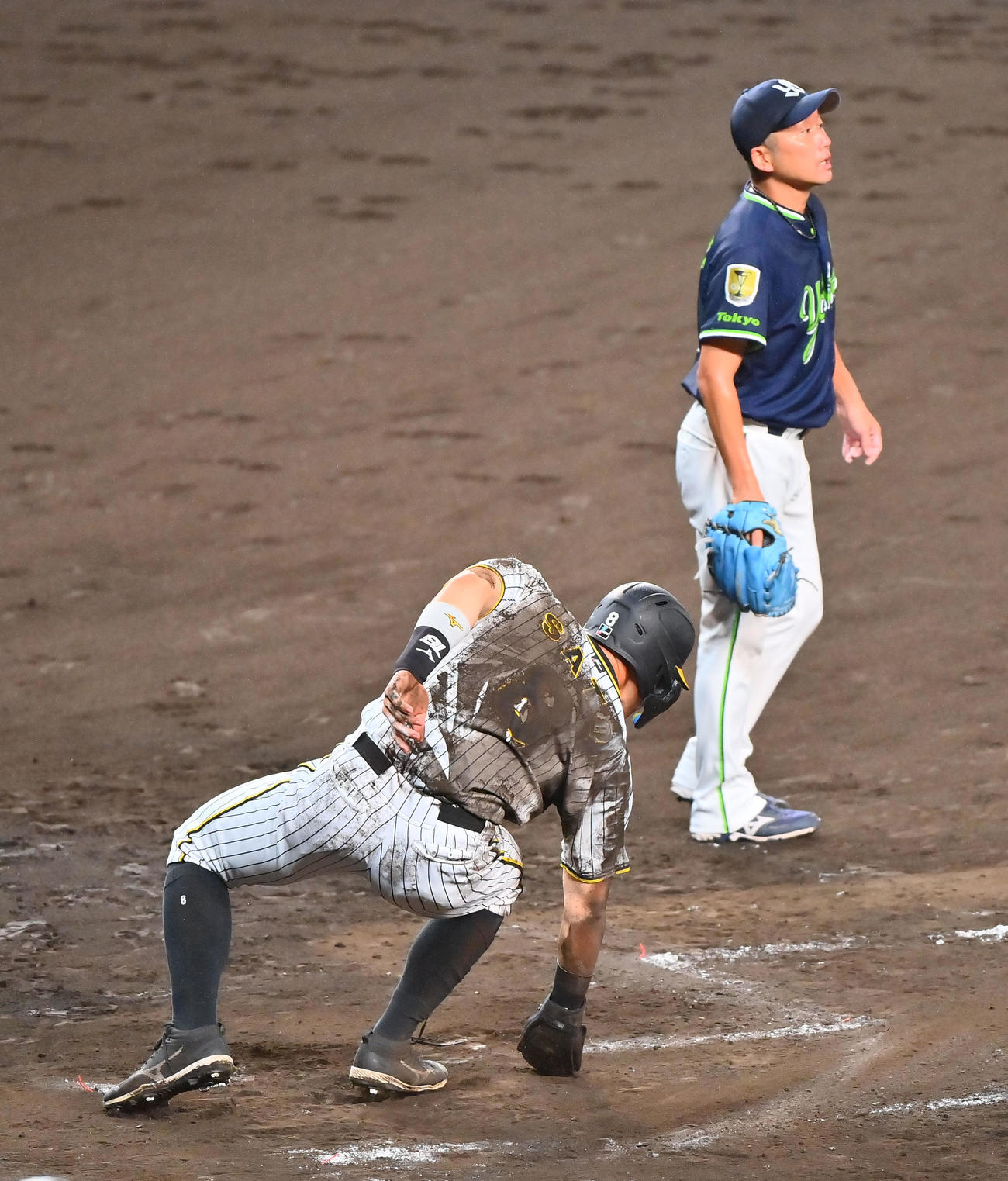 阪神対ヤクルト　4回裏阪神1死一、三塁、坂本の投前スクイズで生還する佐藤輝（撮影・和賀正仁）