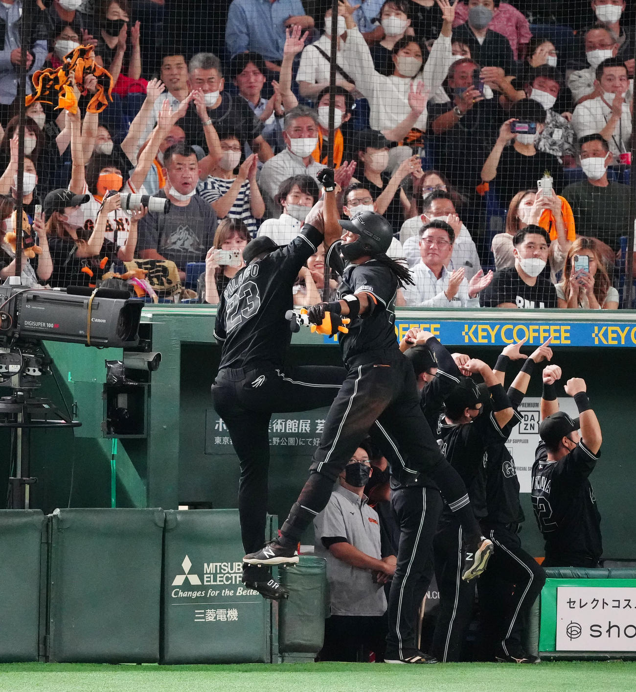 巨人対DeNA 4回裏巨人1死満塁、満塁本塁打を放ちポランコ（中央左）とタッチを交わすウォーカー（撮影・江口和貴）