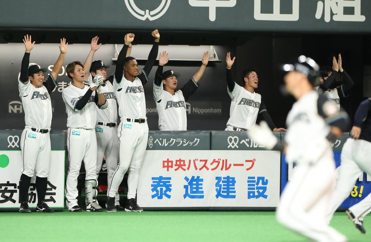 日本ハム対オリックス　7回裏日本ハム1死二塁、近藤の勝ち越しとなる適時二塁打に盛り上がるベンチ（撮影・佐藤翔太）