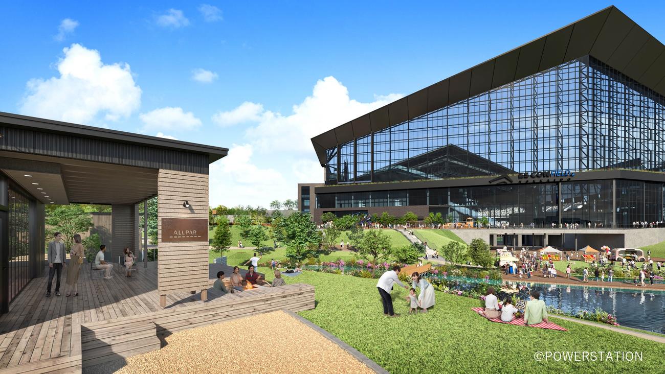 日本ハムの新球場南側の芝生エリアでグランピングなどが体験できる「BALLPARK TAKIBI TERRACE ALLPAR」の管理棟　（C)H.N.F.