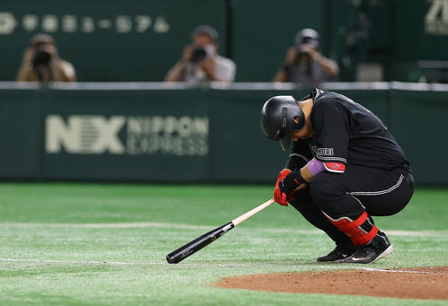 巨人対DeNA 7回裏巨人1死、左越えと思いきやファールとなり落ち込む岡本和（撮影・垰建太）