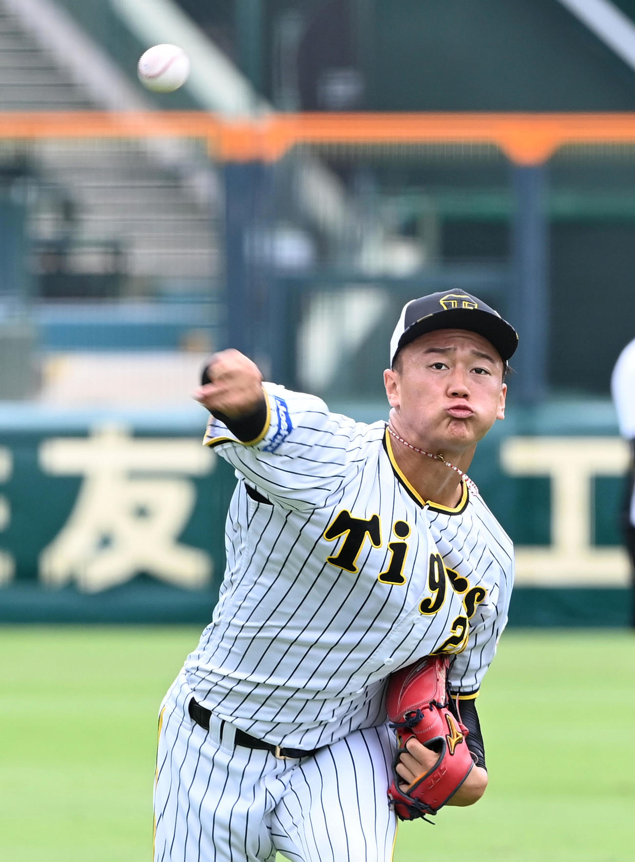 力強いキャッチボールを行う森木（撮影・前岡正明）