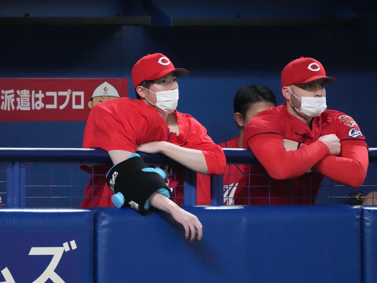 中日対広島　9回表、ベンチから試合を見つめる森下（左）（撮影・森本幸一）
