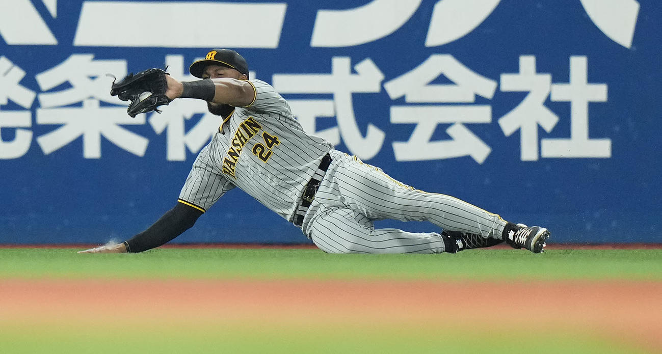 DeNA対阪神　7回裏DeNA無死一塁、牧の打球を好捕する左翼手ロハス（撮影・鈴木みどり）
