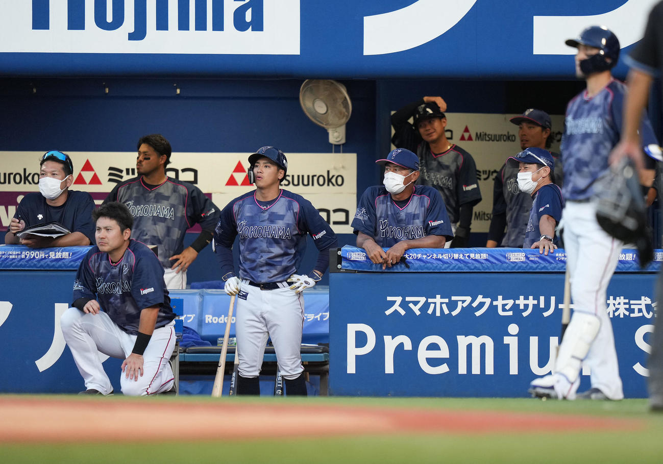 DeNA対ヤクルト　9回裏DeNA2死二塁、ソトが三直に倒れ、ベンチでぼうぜんとする三浦監督（右から2人目）とナイン（撮影・鈴木みどり）