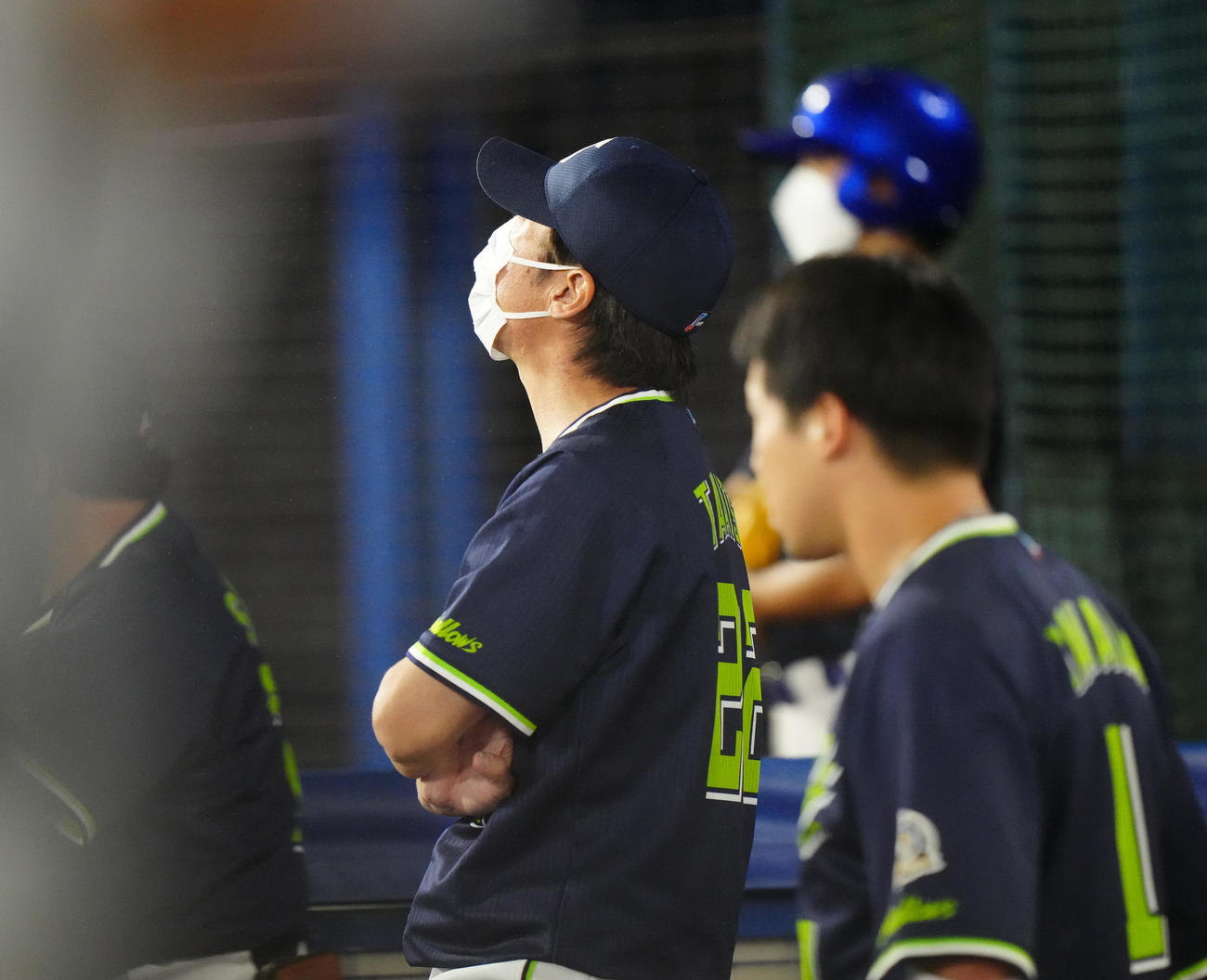 DeNA対ヤクルト　8回表、ヤクルト村上が死球を受け、ベンチから声を出す高津監督（撮影・江口和貴）