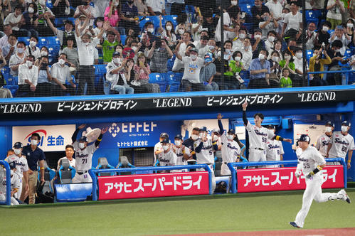 ヤクルト対巨人 4回裏ヤクルト無死、村上(手前)がソロ本塁打を放ち、歓喜する選手たちとファン(撮影・江口和貴)