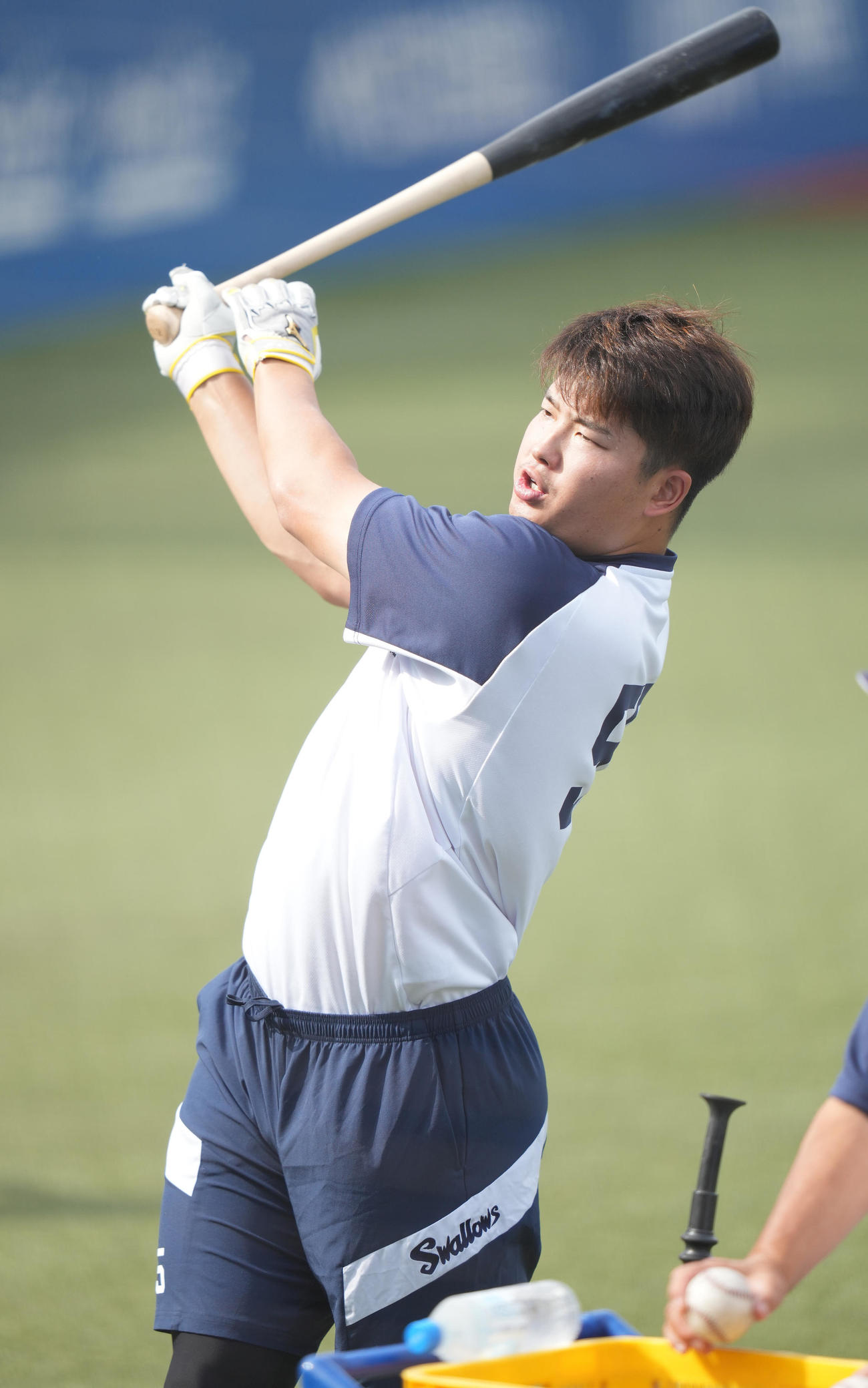 ヤクルト対巨人　試合前練習でティー打撃するヤクルト村上（撮影・鈴木みどり）