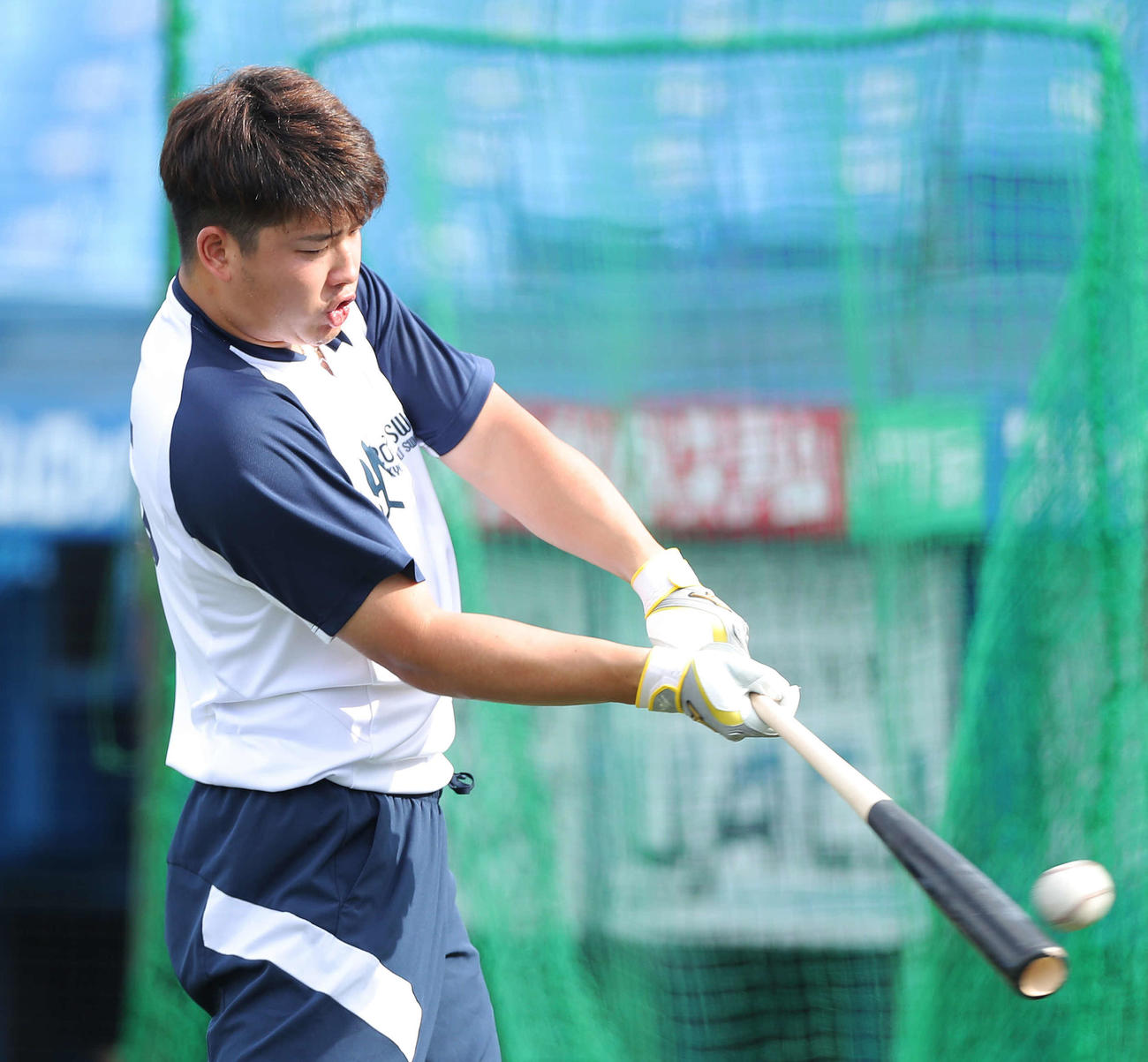 ヤクルト対巨人　試合前、トス打撃するヤクルト村上（撮影・河田真司）