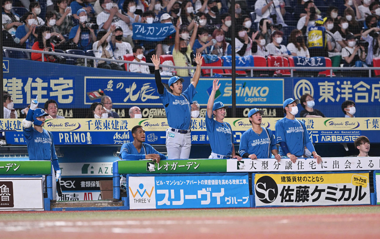ロッテ対日本ハム　9回表日本ハム無死一、二塁、アルカンタラの3点本塁打に手を上げて喜ぶ清宮（左）らチームメート（撮影・滝沢徹郎）