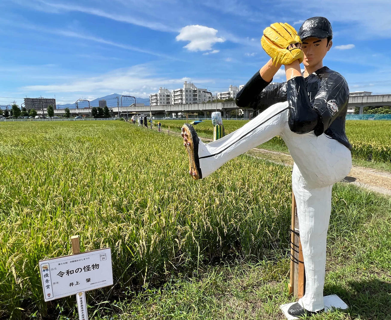 神奈川・海老名市の中新田かかしまつりで展示されるロッテ佐々木朗のかかし（撮影・金子真仁）