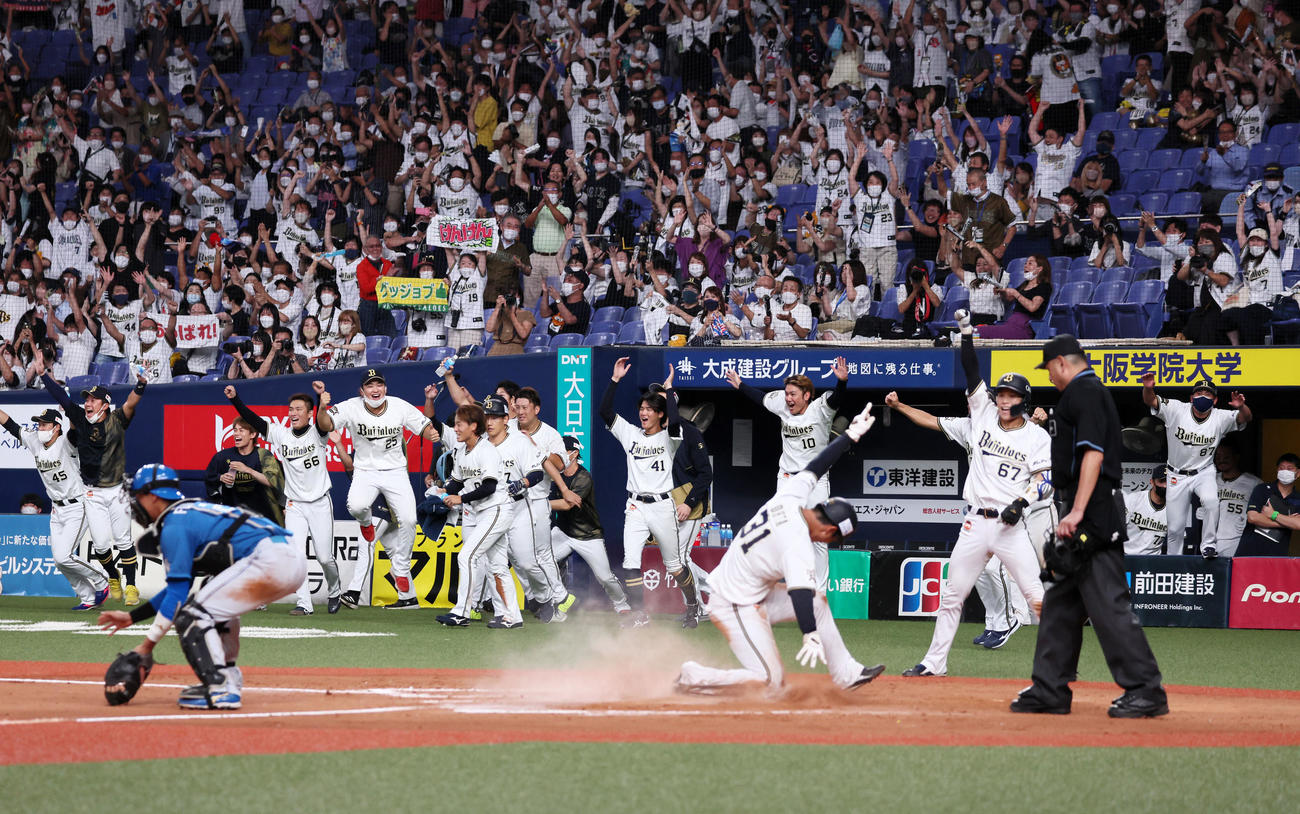 オリックス対日本ハム　12回裏オリックス1死二塁、代打若月の右越えサヨナラ適時二塁打に歓喜するオリックスナイン（撮影・加藤哉）