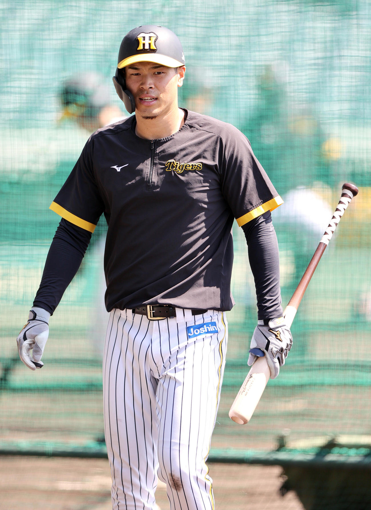 練習に励む阪神佐藤輝（撮影・上山淳一）