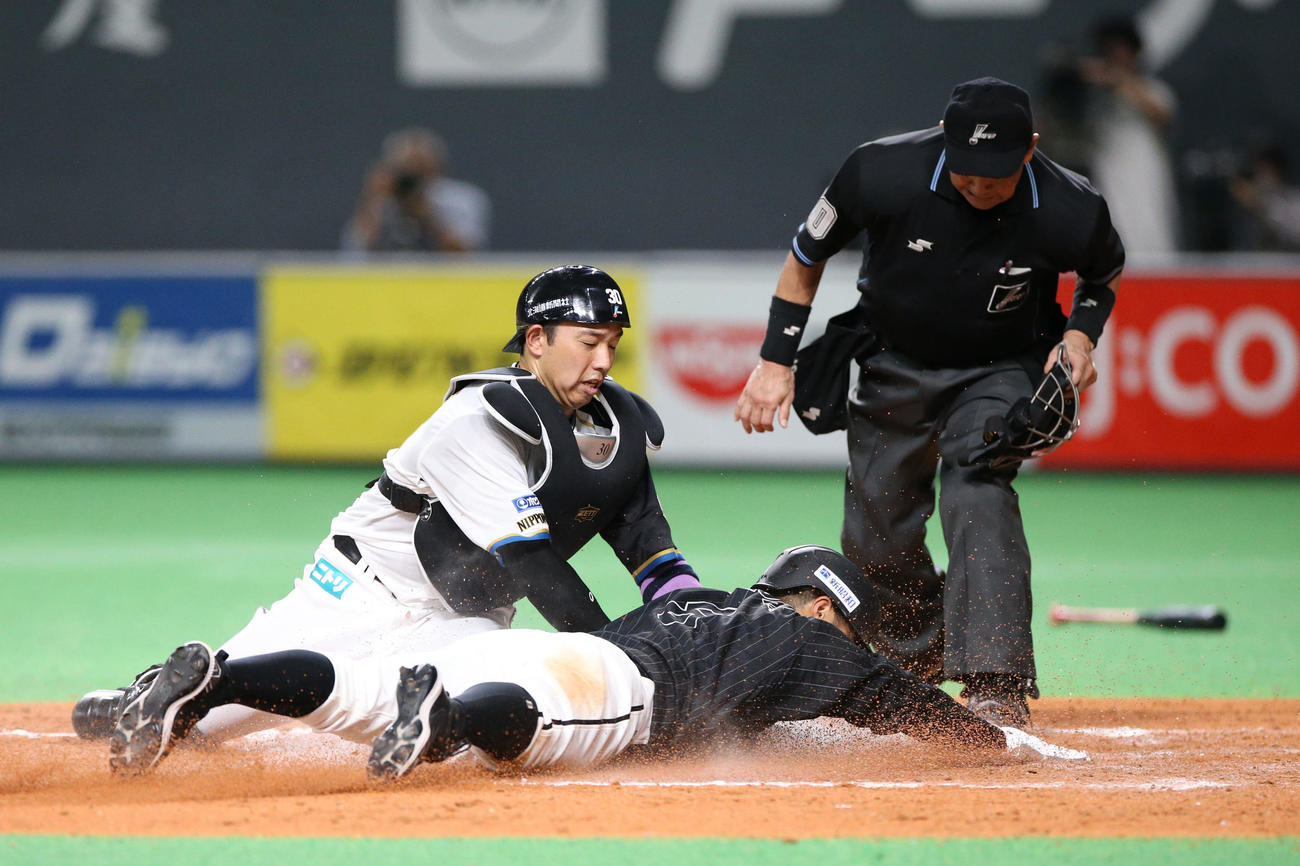 日本ハム対ロッテ　8回表ロッテ2死二塁、井上の左前打で生還する二走中村奨（撮影・佐藤翔太）