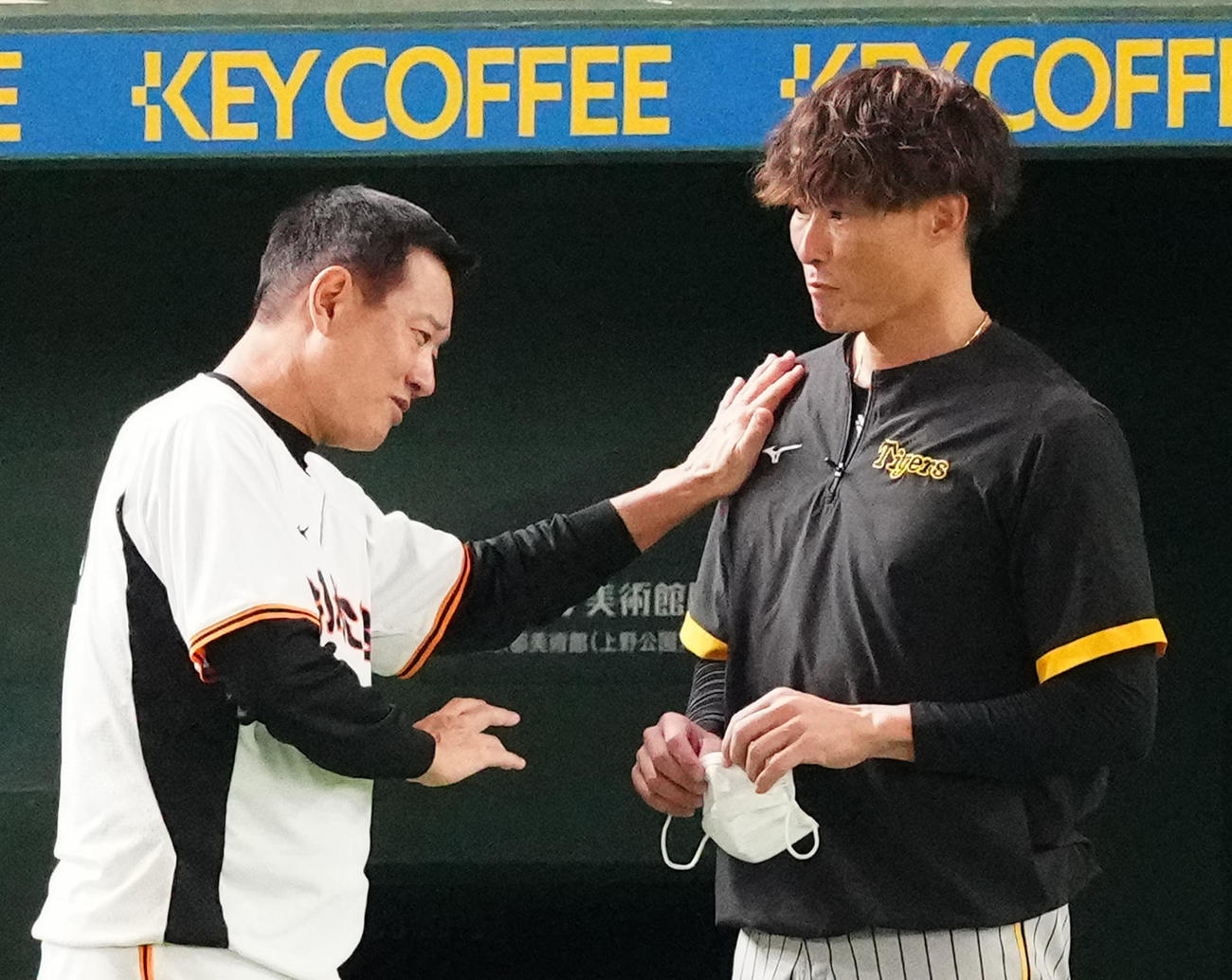 試合前、巨人原監督（左）にあいさつし、手を添えられる阪神糸井（撮影・江口和貴）